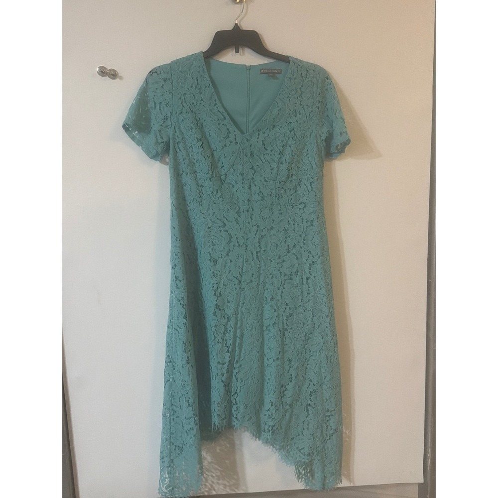 Jessica London Teal Blue Floral Lace Handkerchief Hem V-Neck Dress 12W
